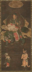 Shakyamuni Triad: Buddha deltog af Manjushri og Samantabhadra Bodhisattva med løve, slutningen af 1300-tallet