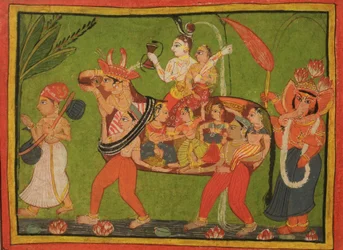 Shiva og Parvati på en sammensat ko lavet af samlede kvinder