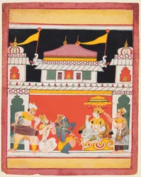 Shri Raga, fra en Ragamala-serie, Tre musikere optræder foran en adelig, ca. 1650.