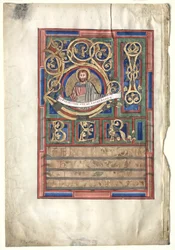 Enkelt blad udskåret fra en evangelisk bog med indledende L[iber generationis]: St. Matthæus verso, c1190