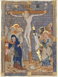 Enkelt miniature udskåret fra et missal: Korsfæstelsen, ca. 1385-1390.