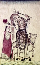 Siva, efterfulgt af sin gemal Parvati, gående med Tyren, Nandi, c1730.