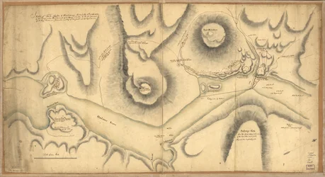 Skitse af Forts Clinton & Montgomery, stormede den 6. okt. 1777 af tropperne under kommando af Sir Henry Clinton, K.B., generalløjtnant for H. Maj. styrker og øverstkommanderende for New Yorck og dets afhængigheder.