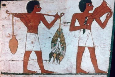 Slaver, der bærer ofre til Osiris, Sarkofag fra Lady of Madja, 18. dynasti