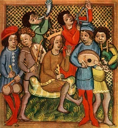 Små trommer, violin, horn, trekantlut og sækkepibe, Olomouc Bible, 1417, 1948