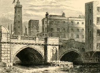 South End af Old London Bridge, med Shot Tower og St. Olaves Church, i 1820, c1878.
