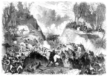 Spanske tropper kæmper mod befolkningen i Santo Domingo i passet Monte Christi, 1864