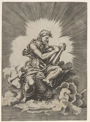 St. John, siddende og holder et skriveredskab til en tavle, en ørn med ydre..., efter 1518.
