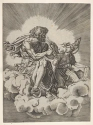 St. Matthew, siddende på en sky med benene over kors og dyppede en fjerpen i et blækhus... efter 1518.