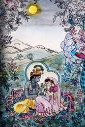 Farvet glas i Iskcon-templet: Krishna og Rada, Londres, Grande-Bretagne