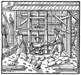 Stampeværk til knusning af kobberkupellationskager med henblik på yderligere raffinering, 1556