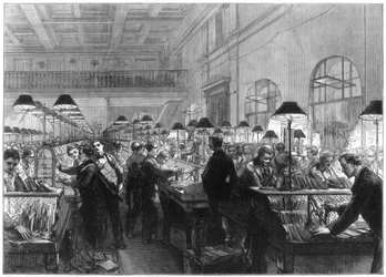 Stemplings- og sorteringskontor, General Post Office, London, 1875