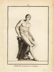 Statue af den romerske gud Apollo, opfinder af musikken, siddende nøgen