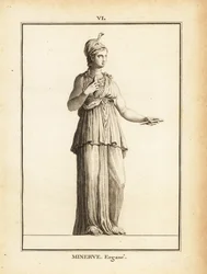 Statue af den romerske visdomsgudinde Minerve Ergane (den arbejdende Minerva), med hjelm og slange