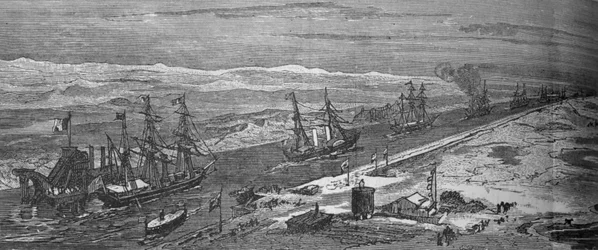 Dampskibe passerer gennem Suez-kanalen, c1882