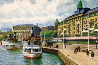 Dampbåd ved kajen ved Grand Hotel, Stockholm, c1928.