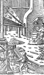 Stålproduktion: en smedje med bælg til at producere træk, 1556