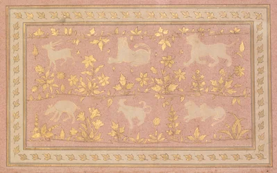 Stencilerede scener af løve og gazelle, ca. 1710.