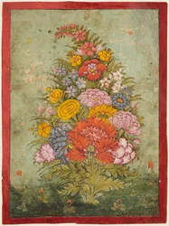 Stilleben: Buket blomster, der dukker op fra græsset, ca. 1750.