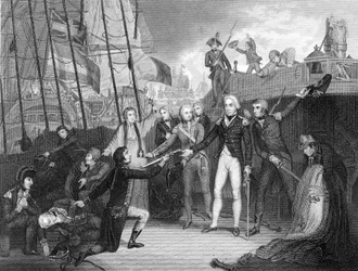 Overgivelse af det spanske skib San Josef efter slaget ved Kap St. Vincent, 1797