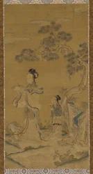 Tapestry: en daoistisk kvindelig udødelig og ledsager under et fyrretræ, Ming-dynasti, 1368-1644.