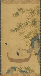 Gobelin: duer badende i en skål, sten og bambus, muligvis Ming-dynastiet, 1368-1644.