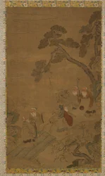 Gobelin: fem vismænd i en have under fyrretræer, Ming-dynastiet til Qing-dynastiet, 1368-1911.