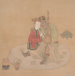 Tartarofficer med blond dame, der spiller på musikinstrumenter, 1800-tallet.