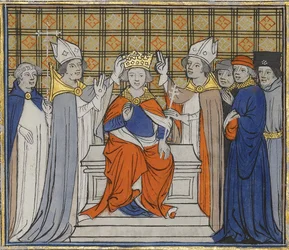Salvingen og kroningen af Ludvig 4. i Laon, 19. juni 936. Fra Grandes Chroniques de France, 15