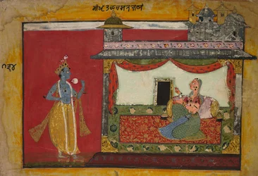 Krishnas tilgang. Side fra en Rasamanjari, ca. 1660-1670.