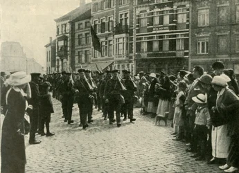 De britiske marinesoldaters ankomst til Oostende, Første Verdenskrig, 1914, c1920.