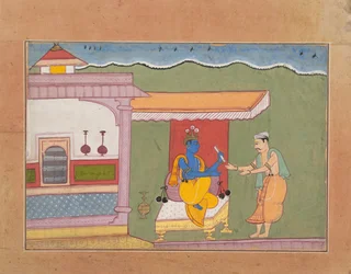 Brahminen leverer Rukminis-brev til Krishna...fra en spredt Bhagavata Purana..., ca. 1610.