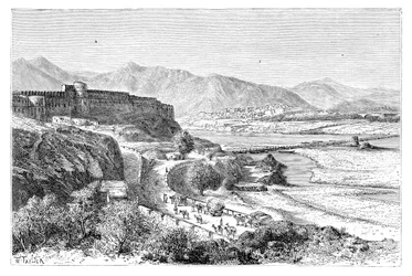 Citadel of Attock og en bro af både over Indus, Pakistan, 1895
