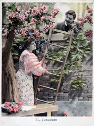 The Climbing, vintage fransk postkort, c1900