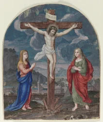 Korsfæstelsen: Miniature udskåret fra en bønnebog, ca. 1540-1550.