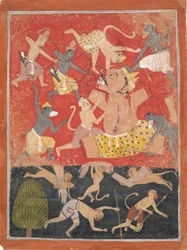 Dæmonen Kumbhakarna er besejret af Rama og Lakshmana..., ca. 1670.