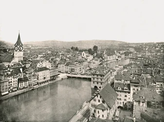 Grosse Stadt og Kleine Stadt delt af floden Limmat, Zürich, Schweiz, 1895.