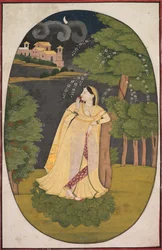Heltinden, der venter spændt på sin fraværende elsker Utka Nayika, ca. 1800.