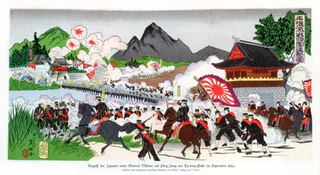 Japanerne ledet af general Oshima invaderer Ping Yang, Korea, 14. september 1894, 1900