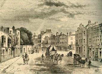 Den gamle landsby Vauxhall, med indgang til haverne, i 1825, c1878.