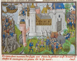 Belejringen af slottet Mortagne, nær Bordeaux, i 1377 aus Recueil des croniques dEngleterre