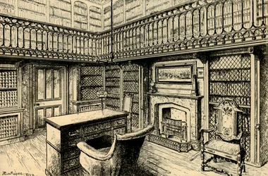 Studiet i Abbotsford, viser Sir Walter Scotts skrivebord og stol, 1882.