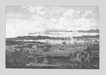 Byen og havnen i Portsmouth med udsigt over hans Majestys flåde ved Spithead, 1700-tallet.