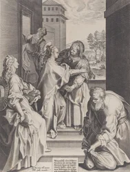 Visitationen, Jomfruen og Saint Elizabeth omfavner i midten, flankeret af andre f..., 1589.