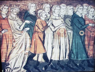 Jødernes fordrivelse fra Frankrig i 1182. En miniature fra Grandes Chroniques de France, 1320