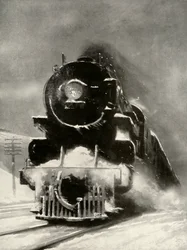 Snestormens raseri gør intet indtryk på dette enorme lokomotiv, 1935.
