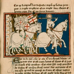 Den store konge på en hvid hest. Miniature fra: Apocalypse de saint Jean, ca 1320.