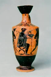 Troldkvinden Kirke fremstillet på en keramisk vase med sorte figurer. Det antikke Grækenland, 5. - 4. århundrede f.Kr.