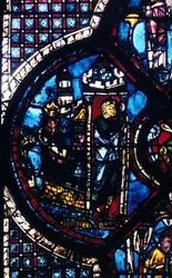 Pilgrimmen forlader Jerusalem til Jeriko, farvet glas, Chartres Cathedral, Frankrig, 1205-1215