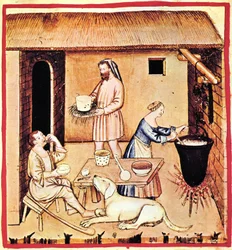 Fremstilling af ost. En miniature fra Tacuinum Sanitatis, anden halvdel af 1300-tallet.